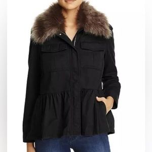 Kate Spade faux fur trim collar military jacket peplum coat L twilight